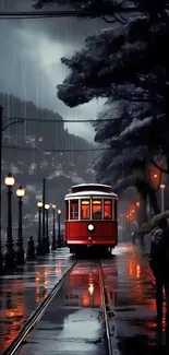 Red tram on rainy night street with city lights and wet pavement.