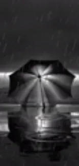 Black and white wallpaper of umbrella at night with reflections.