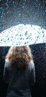 Rainy scene with a person under a white umbrella, view from back.