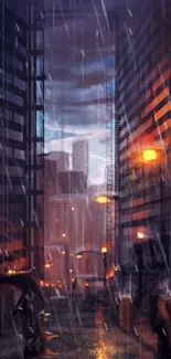 Rainy cityscape with bright streetlights illuminating the dark urban scene.