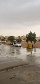 Rainy urban street with wet pavement and parked cars.