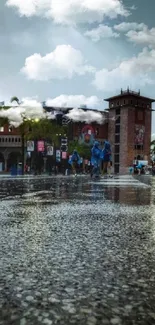 Wet city street view with people walking under a moody sky and historic buildings.