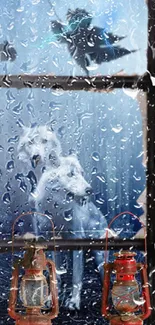 A white wolf, vintage lanterns, and birds seen through a rainy window.