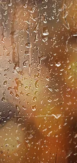 Rainy window with warm autumn colors, raindrops creating a blurred, cozy ambiance.