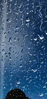 Raindrops on window with blue sky backdrop, creating a calming phone wallpaper.