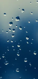 Rainy window with blue water droplets on glass.