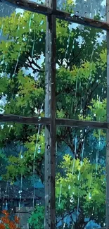 Anime-style window view with rain and green trees.