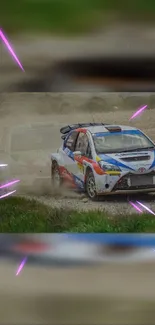 Rally car on dirt track with dynamic effects.