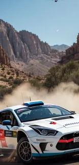 Rally car speeding through a dusty mountain terrain.