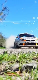 Rally car speeding through a dusty mountain terrain.