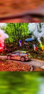 Dynamic rally car speeds through vibrant forest scene with colorful smoke.