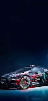 Rally car under night sky wallpaper with vibrant racing design.