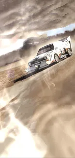 Racing car on a dusty desert track, capturing speed and excitement.