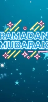 Colorful Ramadan Mubarak neon wallpaper with stars on teal background.