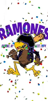 Cartoon bird wearing leather jacket under Ramones logo.