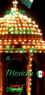 Illuminated Ranchi monument with Mexican theme at night.