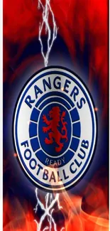 Rangers FC logo on a red and blue phone wallpaper with electric accents.