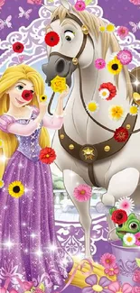 Rapunzel with horse in a floral fantasy scene on purple backdrop.