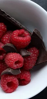 Bowl of raspberries with chocolate and cream topping.