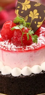 Elegant raspberry-topped cake with chocolate on velvet background.