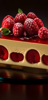 Realistic raspberry cheesecake slice with vivid raspberry details.