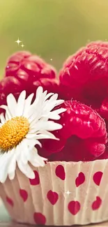 Red raspberries and a daisy in a heart-designed cup wallpaper.