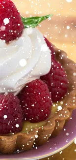 Delicious raspberry tart topped with whipped cream and a sprinkle of snow.