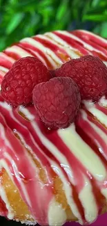 Raspberry-topped donut with red drizzle icing.