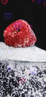 Raspberry on snow with heart overlay wallpaper for phones.