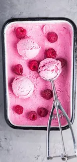 Raspberry ice cream wallpaper with scoops and fresh berries.