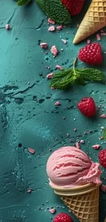 Raspberry ice cream with waffle cone on turquoise background.