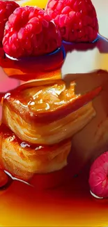 Pancake stack with raspberries and syrup.