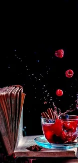 Raspberry splash in cup with book background