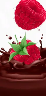 Raspberries splashing into chocolate on wallpaper design.