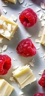 Fresh raspberries and white chocolate squares on a surface.
