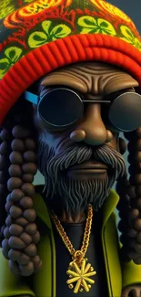 Rasta-themed cartoon character with colorful hat and sunglasses.