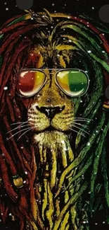 Rasta lion with reggae colors and headphones in vibrant artwork.