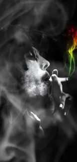 Silhouette smoking with Rasta-colored smoke art.