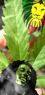 Rasta-themed wallpaper with green leaves and artistic lion.