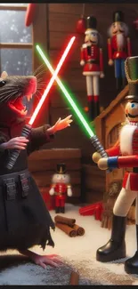 Toy rat and nutcracker engaged in a playful lightsaber duel with a Christmas theme.