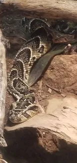 Rattlesnake blending in with wooden habitat, showcasing natural camouflage.