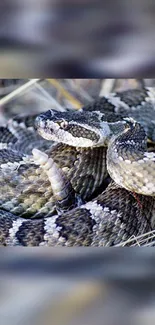 Coiled rattlesnake in natural habitat with textured scales.