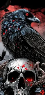 Gothic wallpaper of a raven on a skull with red accents.