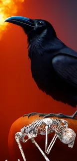 Raven perched beside a vibrant flame on an orange background with a skeleton.