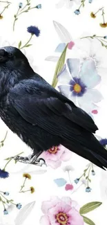 Raven perched amidst vibrant floral design on a mobile wallpaper.