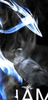 Raven amidst swirling blue smoke with a dark background.