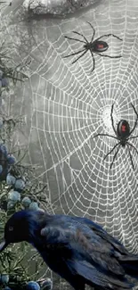 Raven on spider web with blue flowers, nature-inspired wallpaper.