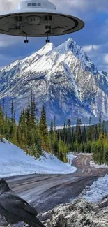 Raven and UFO hover over snowy mountain landscape.