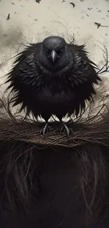 Raven perched on an autumn nest with flying birds.