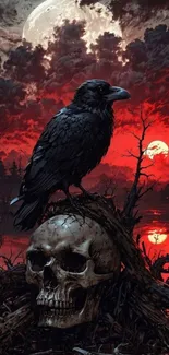 Raven perched on a skull under a dramatic red sky.